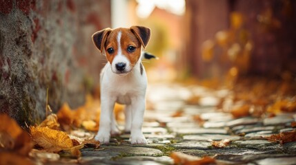 A small dog is standing on a brick walkway with leaves on the ground. The dog is looking up at the camera