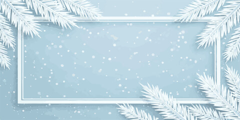 Christmas winter holiday background with fir tree branches, snow, and blue sky illustration for New Year celebration card