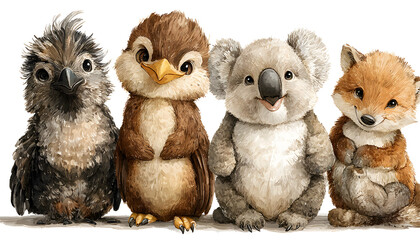 Watercolor australian cartoon kangaroo ostrich Emu koala and flying fox owl Echidna . Australian Black Swan and numbat Kookaburra cockatoo kids illustration. Nursery. Adorable