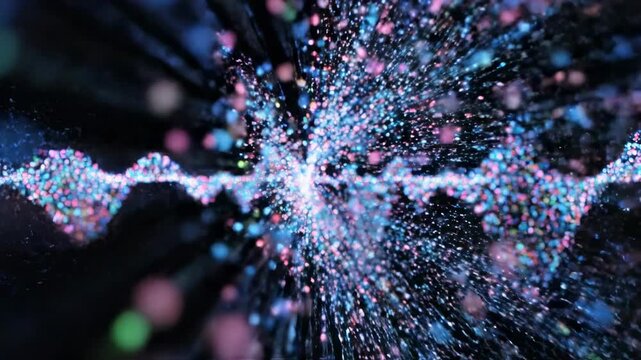 Extreme slow motion close-up of vibrant kinetic particles reacting intensely to an invisible resonant frequency pulse conceptual, microscopic, energy