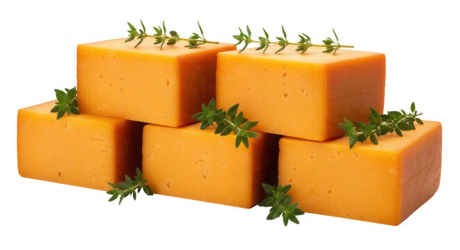 Stacked cheddar cheese cubes with thyme isolated on transparent background, delicious dairy product for gourmet food and cooking concepts PNG
