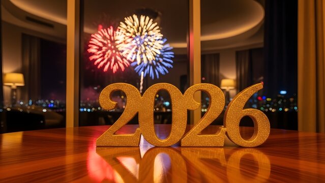 Golden "2026" numbers on a reflective wooden table with colorful fireworks exploding outside a large window at night, celebrating the New Year.