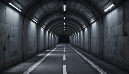 Dark Concrete Underground Tunnel with LED Lights, Metal Structure, and Realistic 3D Empty Corridor