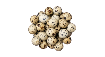 Heap of speckled quail eggs PNG isolated on transparent background, small bird eggs for Easter and gourmet food