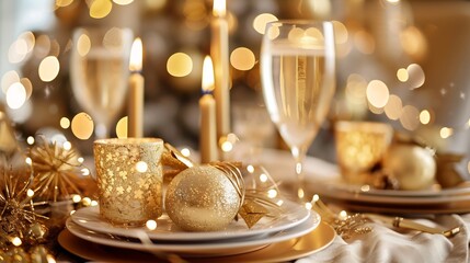 Luxury New Year 2026 dinner setup with golden candles wine glasses and elegant decorations
