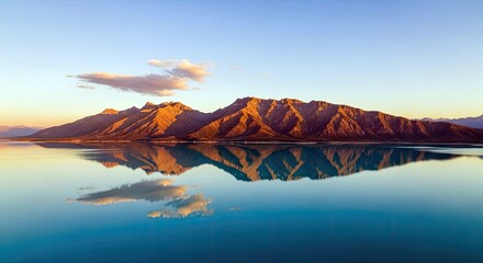 A scenic landscape of a mountain range reflected in a calm lake at sunrise with a clear blue sky.