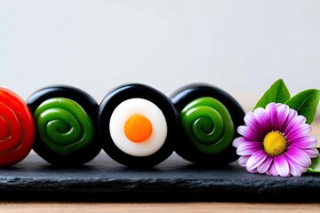 Close-up of sushi-shaped candies, arranged on a black slate board with a flower and green leaves.