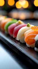 Close-up of a colorful sushi nigiri arrangement on a dark wooden platter. The sushi is artfully arranged, showcasing various types and toppings, in a restaurant