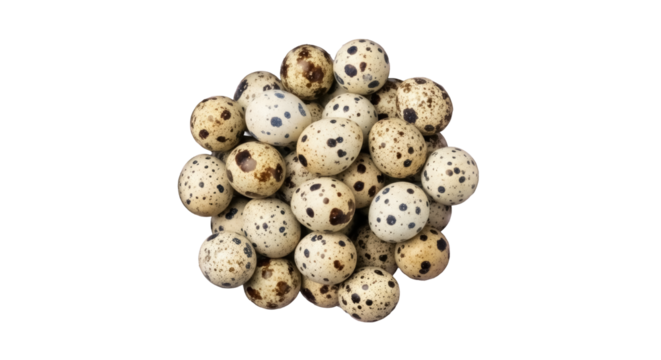 Heap of speckled quail eggs PNG isolated on transparent background, small bird eggs for Easter and gourmet food