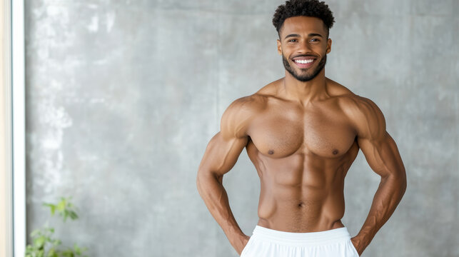 Muscular man shirtless smiling with defined abs and hands on hips