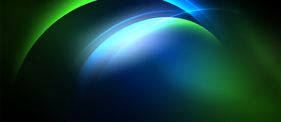 Abstract composition features curved lines, vibrant blues, greens. Light radiates from central point, creating dynamic visual effect.