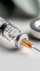 Close-up of a syringe with a needle, ready for injection. Medical concept, healthcare, vaccination, and treatment.