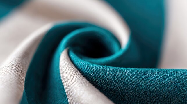 Close-up of a swirled fabric in teal and white, creating a spiral pattern, with soft focus and a textural appearance.