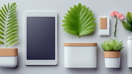 A minimalist arrangement featuring a tablet, various plants, and other objects on a white background. The composition exudes a clean, modern aesthetic.