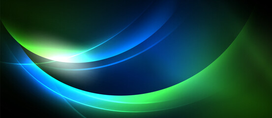 Abstract flowing curves, vibrant blues, greens, bright light source. Modern design, dynamic energy, smooth gradients dominate composition.