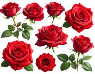 Cluster Set of Red Rose Blooms in Mixed Angles, High Detail Florals, Isolated on Transparent Background
