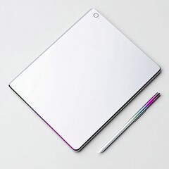 A modern tablet and stylus are displayed on a white surface, showcasing a minimalist design aesthetic.