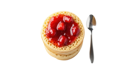 Stack of crumpets with strawberry jam isolated PNG, traditional English breakfast food on transparent background