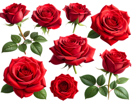 Cluster Set of Red Rose Blooms in Mixed Angles, High Detail Florals, Isolated on Transparent Background