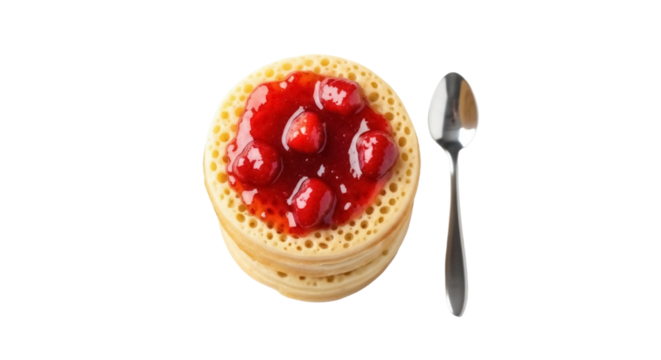 Stack of crumpets with strawberry jam isolated PNG, traditional English breakfast food on transparent background