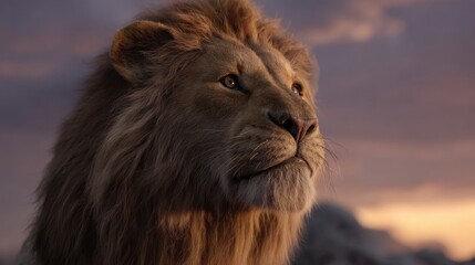 A powerful lion stands tall against a colorful sunset its mane flowing gently in the wind. The scene captures the beauty of nature and the strength of wildlife in a tranquil setting.