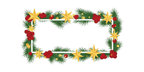 Christmas wreath frame isolated on white background with holly, pine branches, ribbon, and holiday decoration
