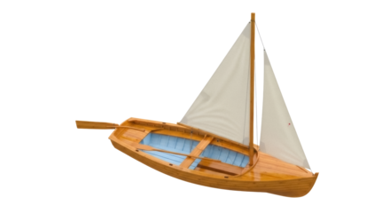 Wooden sailboat model isolated PNG on transparent background, vintage nautical vessel for decoration and educational use