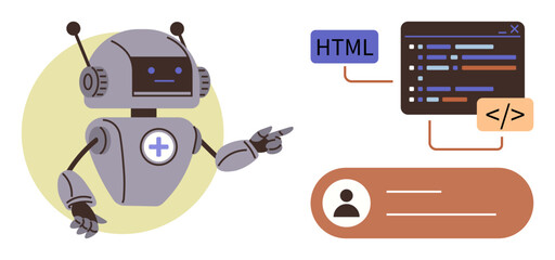 Robot pointing to a HTML code panel illustrating web design. Ideal for education, AI, web development, coding tutorials, programming concepts, automation demos, simple flat metaphor