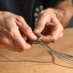 Close-up of Hands Shaping Wire with Pliers Crafting and DIY Projects, Metalwork Skills