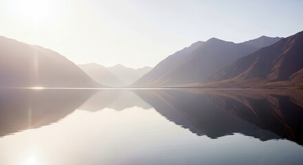 A serene landscape featuring a lake reflecting the surrounding mountains under a soft, early morning light.