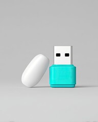 A close-up studio shot of a teal and white USB flash drive with its cap next to it, set against a plain gray background.