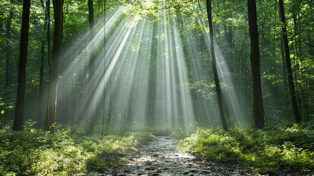Sun rays breaking through forest canopy, tranquil misty woodland path with gentle light - Powered by Adobe