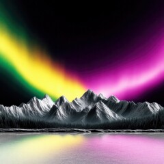 A stunning landscape featuring mountains, a colorful aurora borealis, and a reflective surface, all under dramatic lighting.