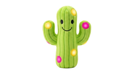 Cute green cactus plush toy isolated PNG, smiling stuffed plant with colorful dots on transparent background