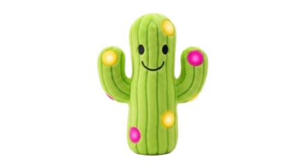 Cute green cactus plush toy isolated PNG, smiling stuffed plant with colorful dots on transparent background