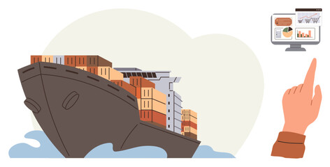 Obraz premium Cargo ship carrying stacked containers on ocean waves while a hand points to analytics on a computer screen. Ideal for logistics, shipping, transportation, trade, data analysis, supply chain, global