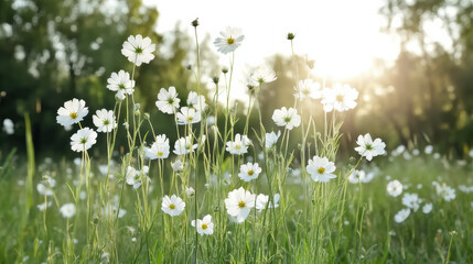 Fototapeta premium Sunlit field wildflower meadow gentle breeze white cosmos flowers glowing sunlight