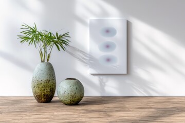 Two ceramic vases with green plants, a piece of artwork, and wooden floor against a white wall with sunlight and shadows.