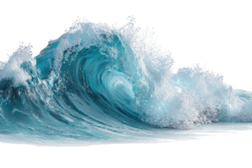 A powerful, dynamic ocean wave crashes, showcasing foamy white crest against a blue body