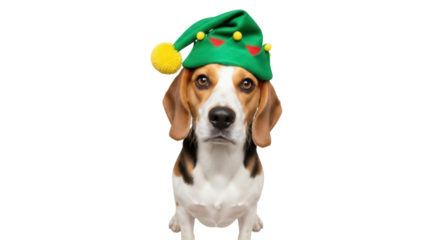 Beagle dog wearing a green elf hat PNG isolated on transparent background, cute pet in Christmas costume for holiday design