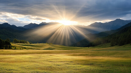 Sunlit hillside landscape sunbeam meadow sunrise over rolling grassland with serene light