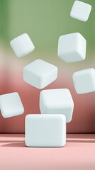 Abstract image of white cubes floating in a studio environment with a pink and green gradient background.