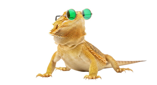 Bearded dragon with green sunglasses isolated PNG, cool pet reptile on transparent background for design and animal themes