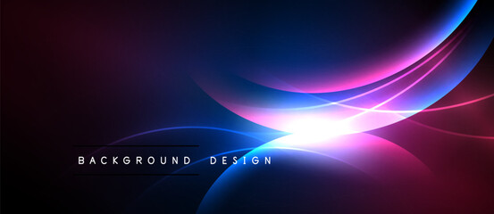 Abstract background features flowing blue, purple lines. Bright light emanates from center, creating dynamic visual effect. Dark borders frame design.