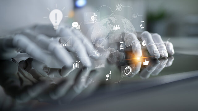 AI managing global digital marketing, optimizing communication, analyzing data trends, and automating content delivery across diverse online networks. Latch - Powered by Adobe