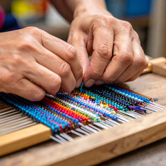 Artisan's Hands Weaving Colorful Beads on a Wooden Loom Crafting Traditional Textiles