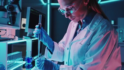 Female scientist in laboratory carefully conducting experiments with pipette, showcasing precision and focus, camera zooms in on the action - Powered by Adobe