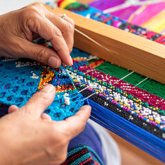 Detailed view of artisan hands meticulously weaving an intricate blue and white beaded pattern on a traditional wooden handloom, a display of cultural craftsmanship