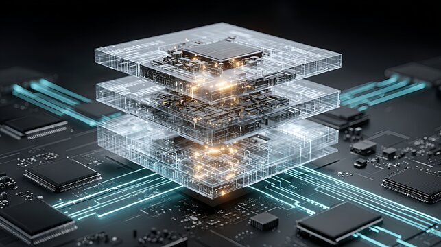 Layered Data Center: Stacked Transparent Circuit Boards and Microchip Structure with Central Glow, Symbolizing High-Performance Computing, Artificial Intelligence, Cloud and Future Chip Technology.