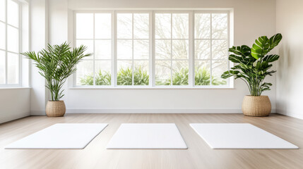 Fototapeta premium Minimal bright yoga studio with three mats and tropical plants, calm natural light